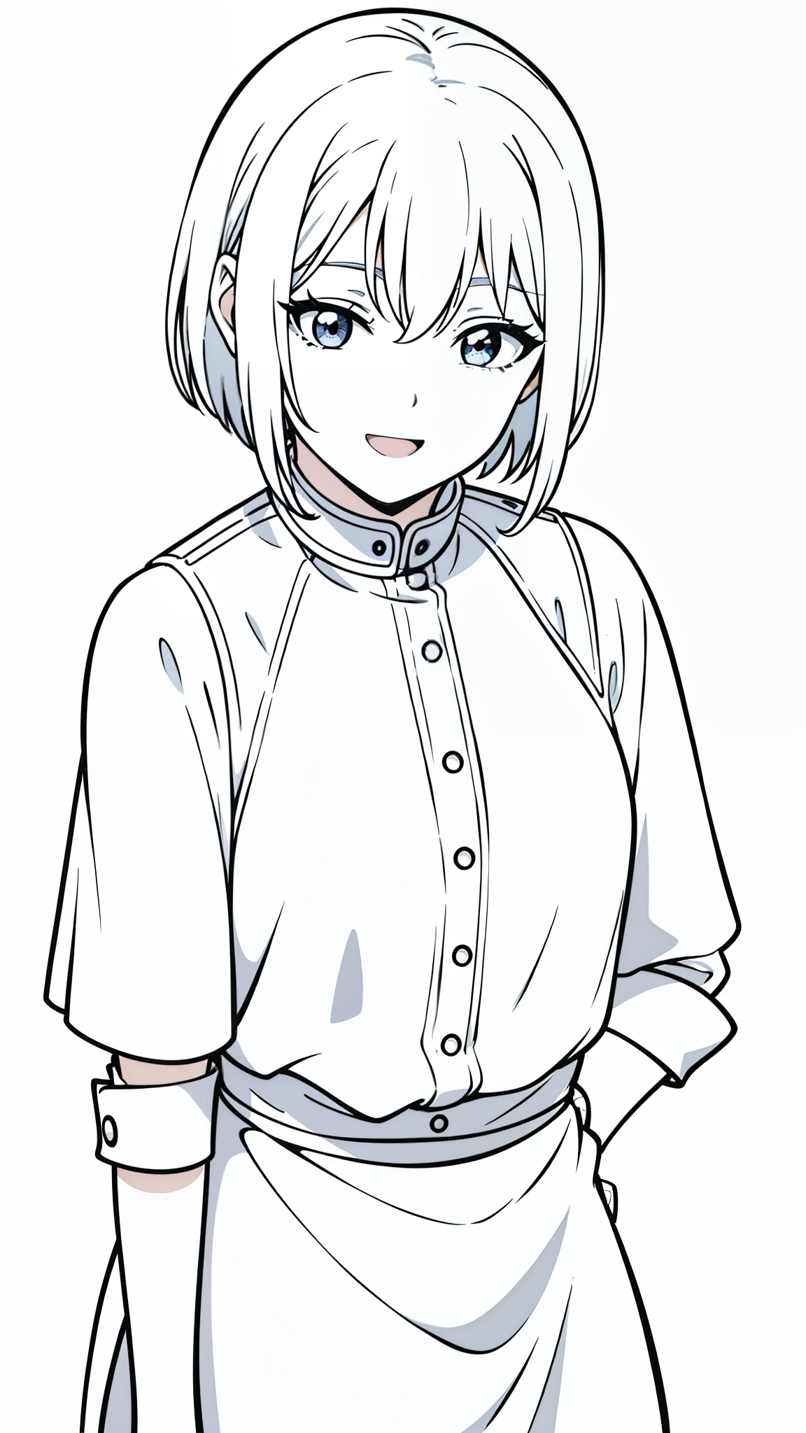 (20 years old,mature female.solo),white hair,short hair,hair between eyes,barn outfit,smile,((open mouth,yelling)),(white background,line drawing),upper body,leaning forward,from front,pov