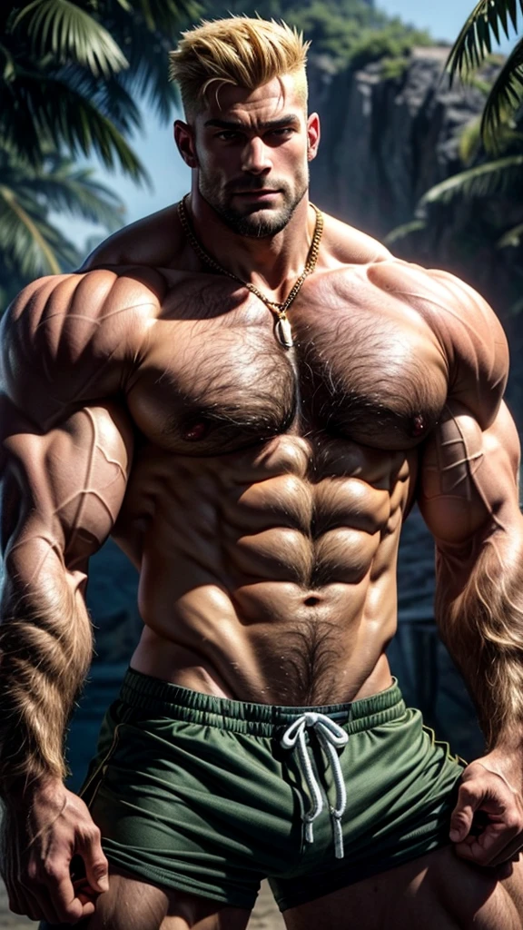 Guile, blond, bare-chested, massive bulge in the beach underwear, hairy legs wide open, thick thighs, muscular giant, 3 meters tall bodybuilder, flexing, massive biceps, oversized biceps are 240 inches, with long oversized arms, bulging muscles, prominent veins, broad shoulders, beefy build, hefty, muscle swelling, very hot male, beefy pecs, hairy chest, six-pack ABS, hairy abdomen, hairy groin, manly, handsome male, wide jawline, full of muscles veins, stare straight, much testosterone, tough guy, small gold necklace, shy smile.