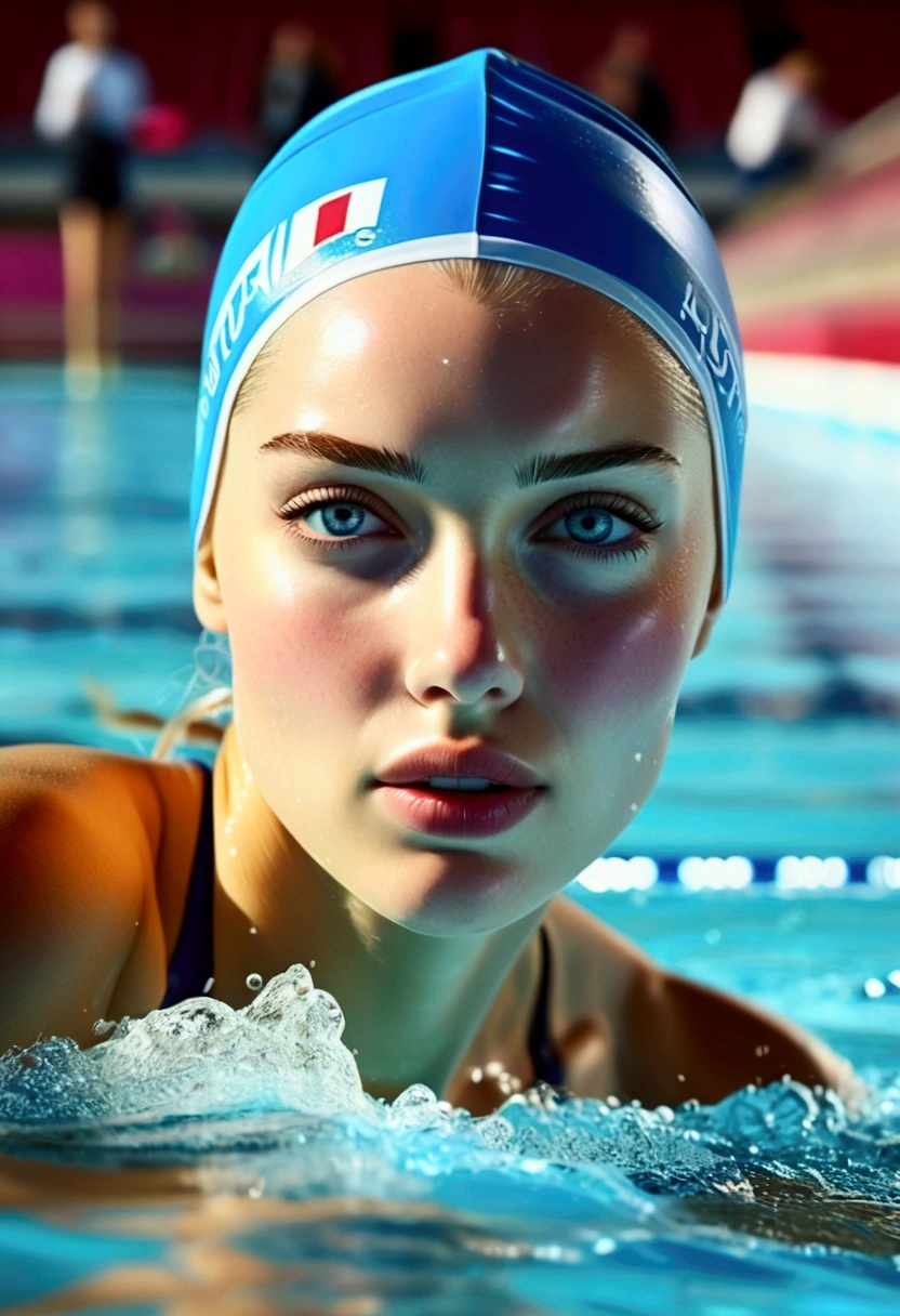 (Female athlete swimming towards the finish line at the Paris Olympic swimming stadium_Delicate nose and beautiful face, delicate eyes, delicate lips, neatly tied hairstyle, pale skin), (Best quality, 4K, 8K, High resolution, Masterpiece: 1.2), Highly detailed, (Realistic, Realistic, Realistic: 1.37), White sportswear_Intricate and detailed, Sports, People, Dynamic poses, Outdoor scene, Stadium structure, Bright sunlight, Vivid colors