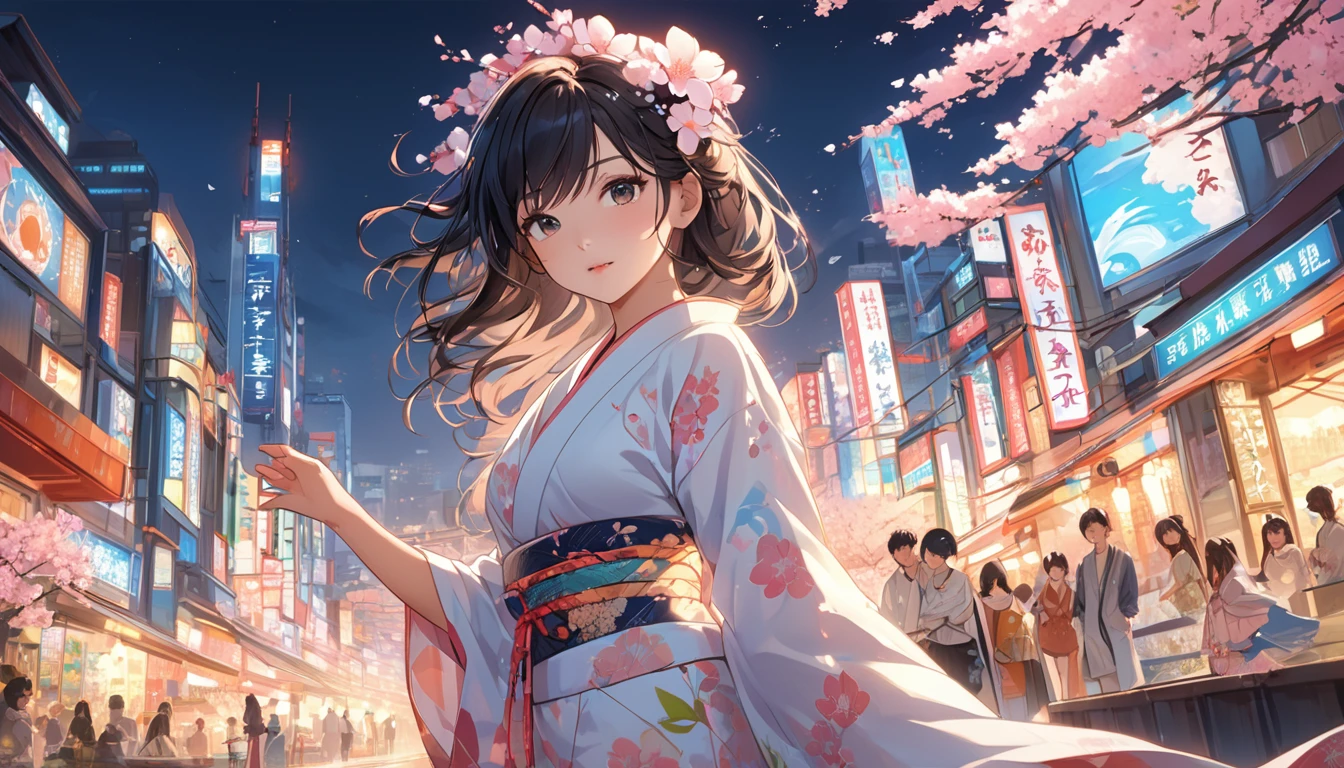 This is an illustration of an anime girl with a perfect hourglass figure, Long black hair and tanned Japanese skin、Appears in a new and lively pose. She is wearing a kimono with graceful curves that reflect the golden ratio., Decorated with contemporary designs that symbolize innovation and progress. Her dark eyes are carefully detailed., Full of clarity and emotion, She invites the viewer into her vivid world.. background, The night cityscape of Japan is depicted in a rich way., Lots of cherry blossoms, The brilliance of light and the energy of the urban environment. This work、The aim is to capture the entire scene, Highlight the exquisite beauty of anime girls, 彼女の着物の洗練さと日本の夜のダイナミックなbackground. This image is a masterpiece, A fresh depiction of an anime girl&#39;s pose、It emphasizes the depth of the characters and the artistic harmony of the scenes.。.