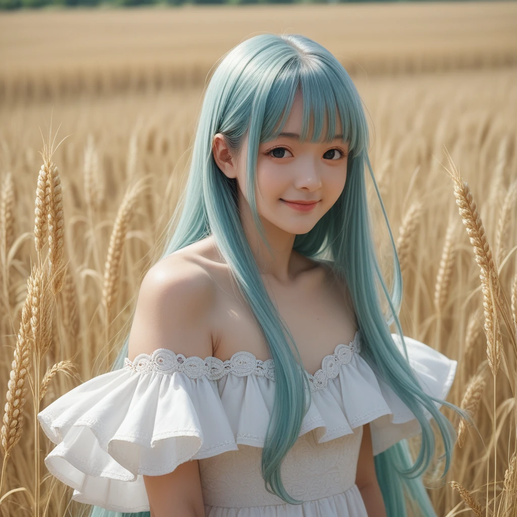 masterpiece, best quality, ultra highres, detailed illustration, portrait, detailed, 1girl standing in wheat field, solo, long hair, dress, flower, white hanfu, smile, full body, white flower, bare shoulders, very long hair, aqua hair, closed mouth, facing viewer, bangs,