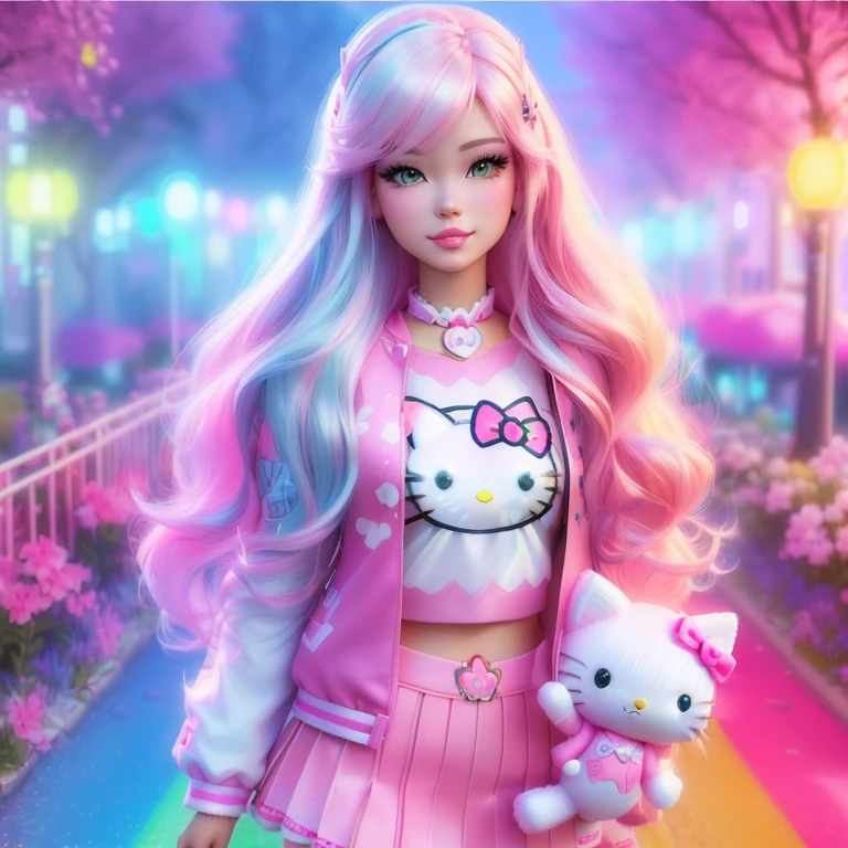 barbie doll with pink hair and a hello kitty outfit, anime barbie doll, anime barbie in white, very beautiful cute catgirl, barbie doll, rossdraws pastel vibrant, kawaii realistic portrait, colorful aesthetic, rossdraws cartoon vibrant, realistic anime 3 d style, realistic artstyle, cute digital art, beeple and jeremiah ketner, anime styled 3d