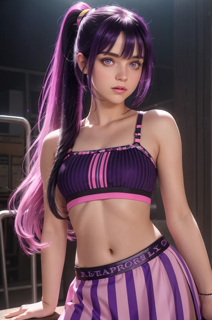 (mlptwilight:1.2), (pink skin), (long hair, ponytail, straight hair, black hair with purple and pink strips, bangs:1.0), striped crop top, purple micrpskirt, purple eyes, long hair, library, (realistic:1.2), (masterpiece:1.2), (full-body-shot:1),(Cowboy-shot:1.2), neon lighting, dark romantic lighting, (highly detailed:1.2),(detailed face:1.2), (gradients), colorful, detailed eyes, (detailed landscape:1.2), (natural lighting:1.2),(detailed background), detailed midriff, (cute pose:1.2), solo, focal belly button