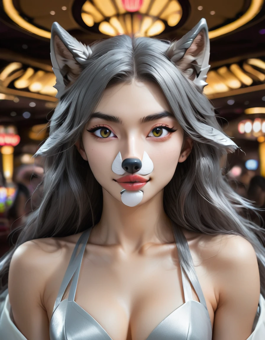 A human-wolf hybrid girl、((Beautifully detailed wolf-like nose and mouth: 1.8))、beard、Long grey hair、Beautiful detailed skin、Slim fit body、Large Breasts、Six Pack Abs、Bunny Girl Costume、Raise two hands to show armpits、Casino Background、 (Highest quality、4K、8k、High Resolution、masterpiece:1.2)、Super detailed、(Real、Photorealistic、Photorealistic:1.37)、Detailed eyes、Detailed face、gorgeous、elegant、Impression