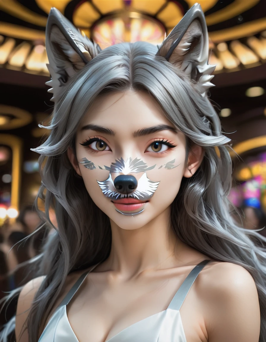 A human-wolf hybrid girl、((Beautifully detailed wolf-like nose and mouth: 1.8))、beard、Long grey hair、Beautiful detailed skin、Slim fit body、Large Breasts、Six Pack Abs、Bunny Girl Costume、Raise two hands to show armpits、Casino Background、 (Highest quality、4K、8k、High Resolution、masterpiece:1.2)、Super detailed、(Real、Photorealistic、Photorealistic:1.37)、Detailed eyes、Detailed face、gorgeous、elegant、Impression