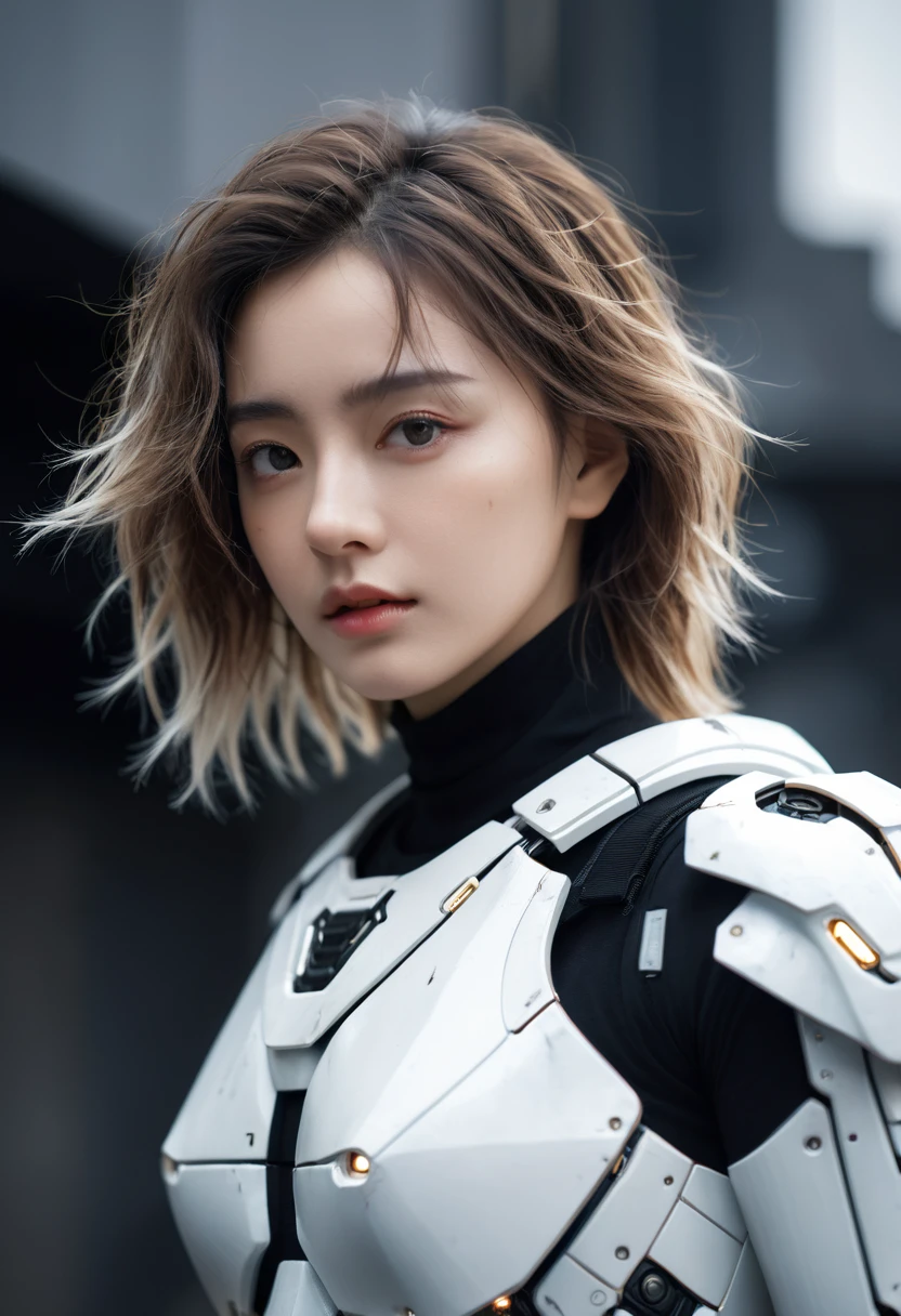 masterpiece, best quality, Surreal, Ultra Detailed, 8K resolution, RAW photos, Clear focus, (1 Girl), Solitary, Beautiful face, Perfect body, Mature female, 25 years old,  portrait, Mecha, White Armor, Nanosuit, Sexy, Messy hair, Movie, Movie light, Dark theme