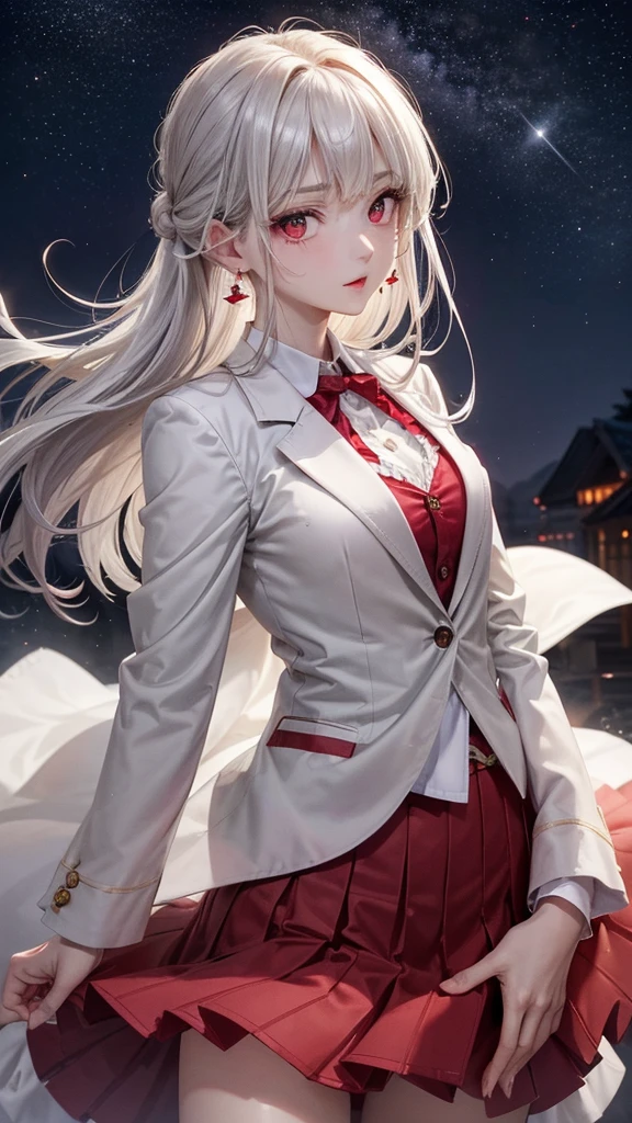 (Highest quality,Very detailed,High resolution:1.2),One Girl,Gray Hair,The most beautiful girl in human history,(1 photo from the front)、暗い red eyes (暗いred eyes:1.1),さみし気なaura(aura:1.1),(mysterious,Ghostly:1.1) atmosphere,Looks like half a demon,(Demonic traits,Demonic traits),(Elaborate,wonderful) Earrings,Small Ass,Long and beautiful legs、Semi-long hair up to the shoulders, ((Upper Body Shot)), (Focus on the chest and face),D-cup beautiful breasts、Clear Eyes、Are standing、My cheeks are a little red,((White shirt and blazer))、((Long skirt that hides the knees))、Huge bat-like wings growing from his shoulders.,A big full moon shines in the dark night sky、No exposure
