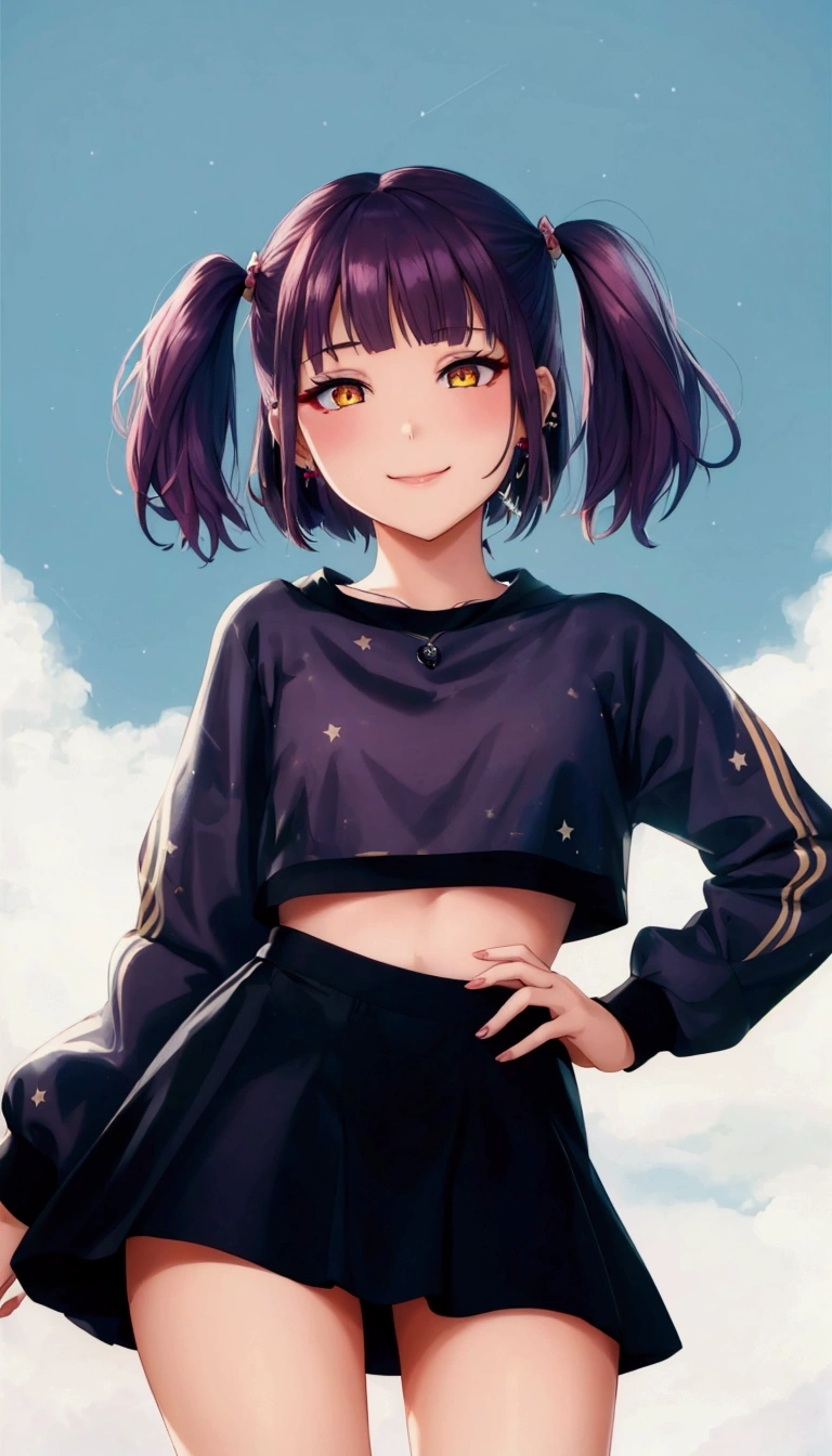 girl、20-year-old、gal、Gal&#39;s makeup、slender body、Like、、long hairstyles、summer clothes、sprinkle the chest with bleach、There is a six-pointed star behind my eyes、yellow eyes、eyes are shining、Red-pink hair, idol、cute、girl、eyes are large and round、The face is thin、smile、smile、earrings、necklace、wedding ring、Attracted、My favorite 、Center of festival stalls、A fantastic landscape of light and darkness with falling stars、be happy、cheeks are red、dance