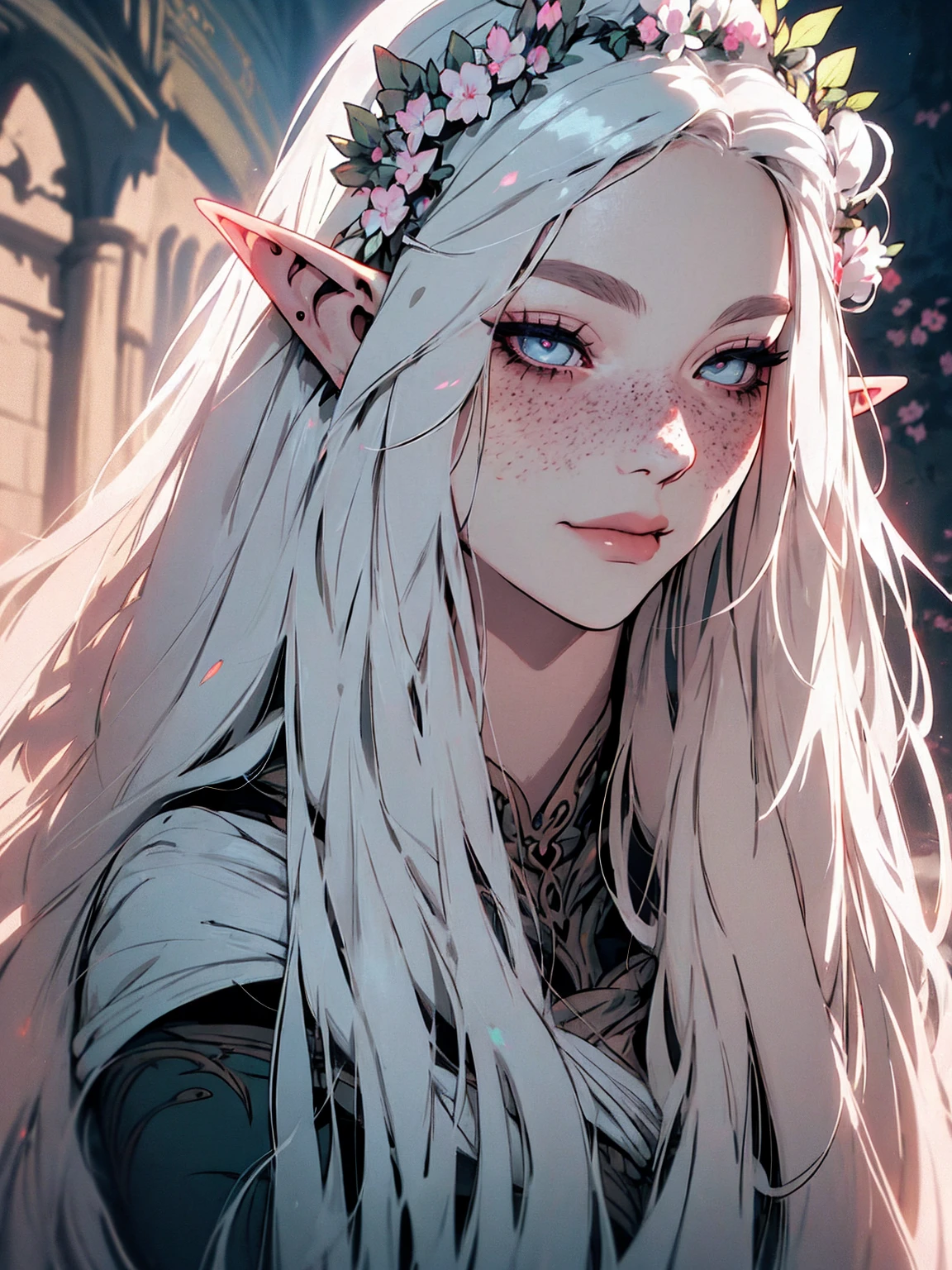 hyper-realistic of a mysterious woman with flowing white hair, ears of elf, freckles, piercing opal eyes, and a delicate floral crown, delicate smile, upper body