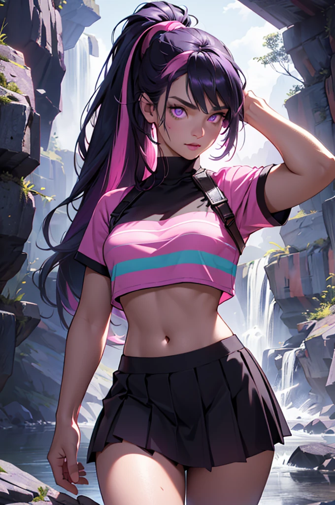(mlptwilight:1.2), (pink skin), (long hair, ponytail, straight hair, black hair with purple and pink strips, bangs:1.0), striped crop top, purple microskirt, purple eyes, long hair, library, (realistic:1.2),  (masterpiece:1.2), (full-body-shot:1),(Cowboy-shot:1.2), neon lighting, dark romantic lighting, (highly detailed:1.2),(detailed face:1.2), (gradients), colorful, detailed eyes, (detailed landscape:1.2), (natural lighting:1.2),(detailed background), detailed midriff, (cute pose:1.2), solo, focal belly button
