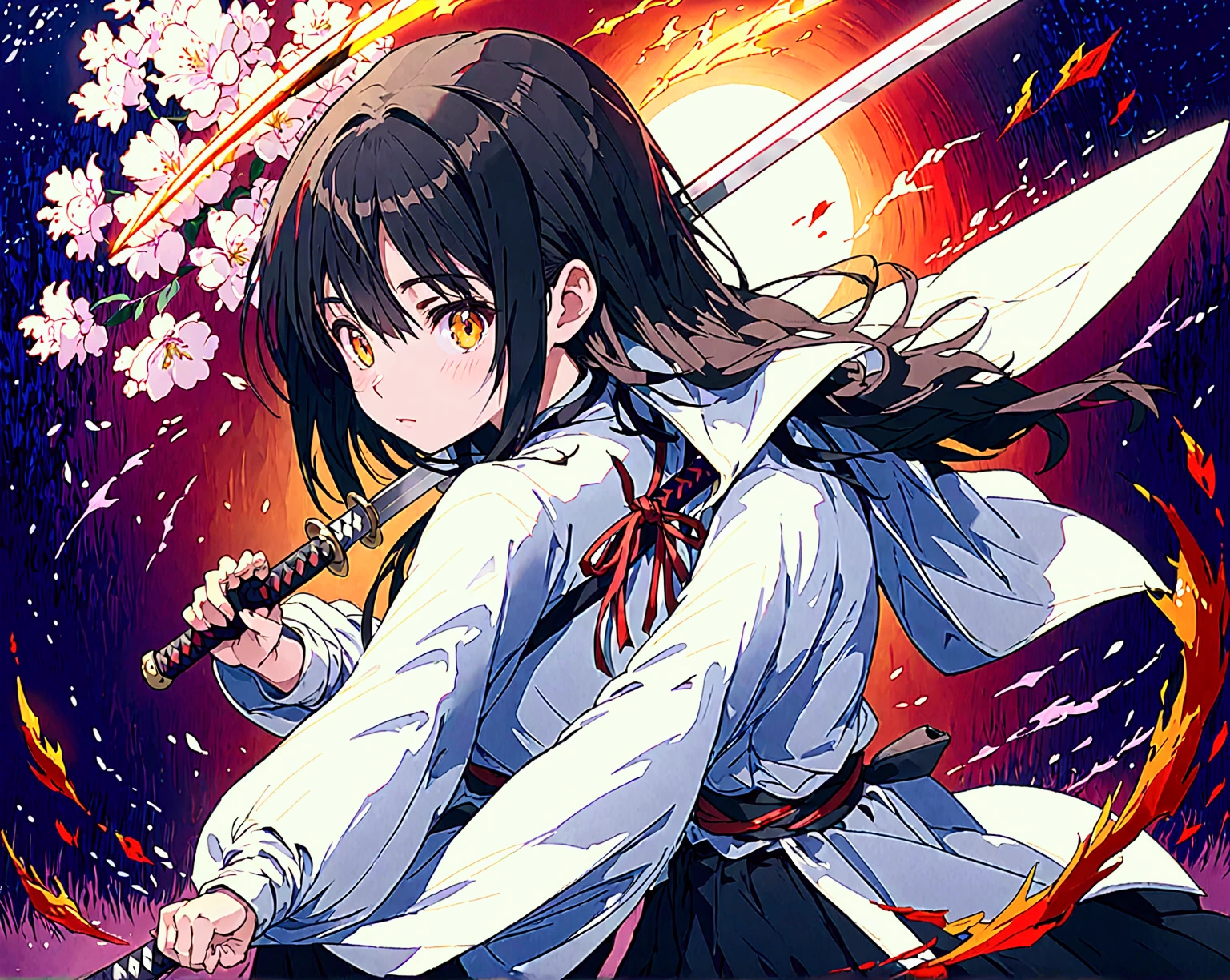 Girl 18 year old ager, she is a swordsman, with a real katana, with a red aura around her