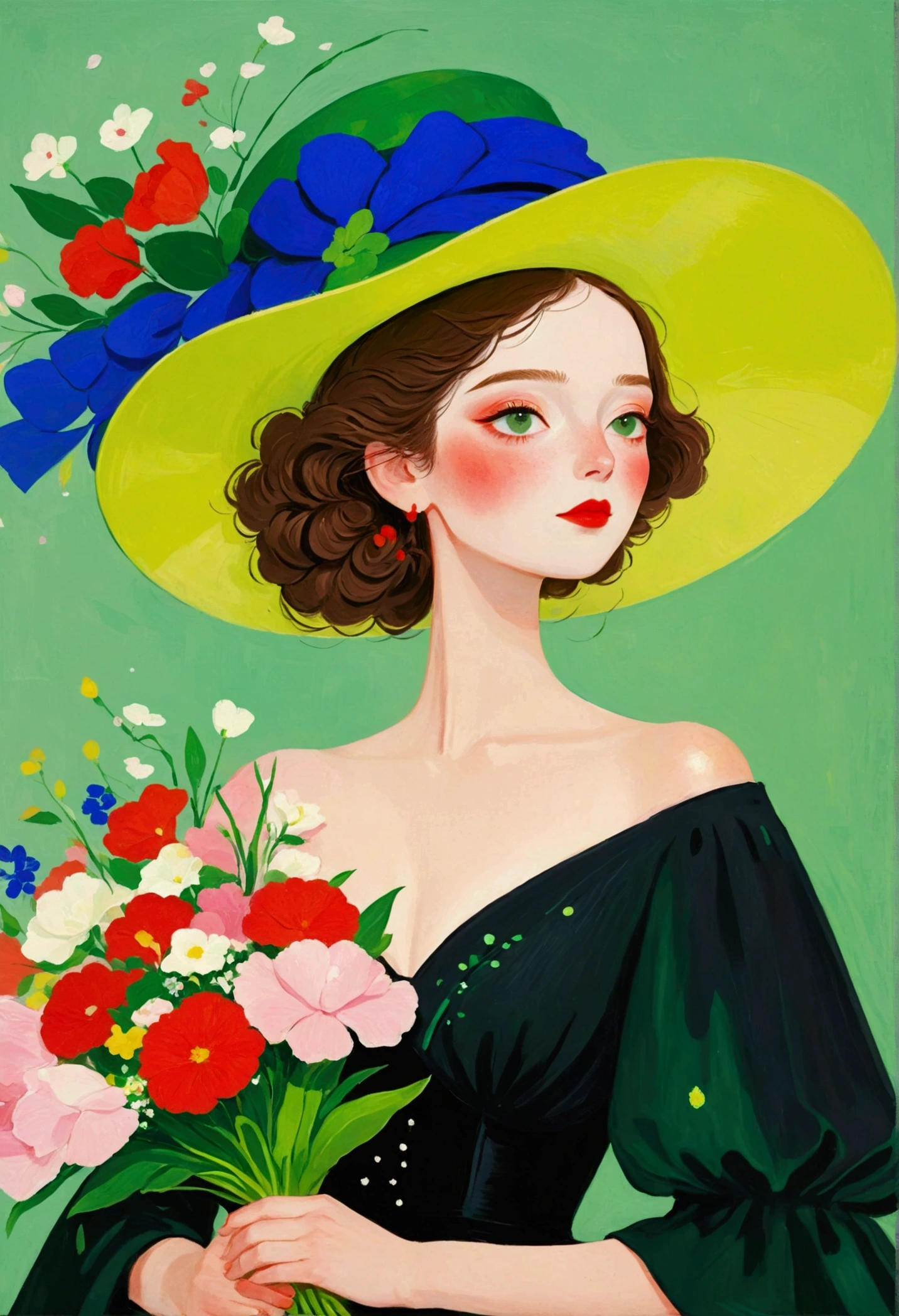 The painting shows a man wearing a big hat、 Red Hat、Profile、Woman holding a bouquet of flowers, Black dress,Green Background, Elegant Numbers艺术, Digital Style, Digital illustration style, Elegant lady, Inspired by Lois Dodd, Inspired by Felix Vallotton (Félix Vallotton), Elegant Numbers, Inspired by Esteban Vicente (Stephen Vincent), Elegant woman,