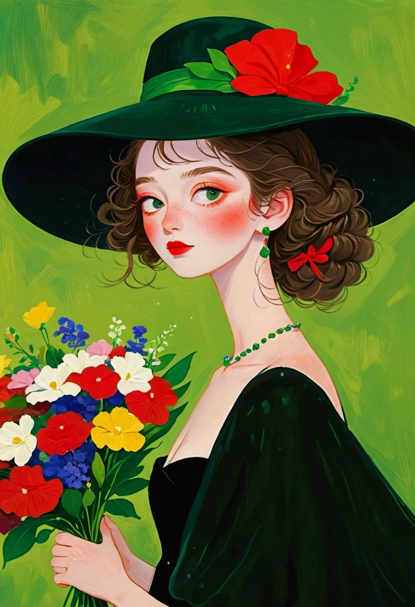 The painting shows a man wearing a big hat、 Red Hat、Profile、Woman holding a bouquet of flowers, Black dress,Green Background, Elegant Numbers艺术, Digital Style, Digital illustration style, Elegant lady, Inspired by Lois Dodd, Inspired by Felix Vallotton (Félix Vallotton), Elegant Numbers, Inspired by Esteban Vicente (Stephen Vincent), Elegant woman,