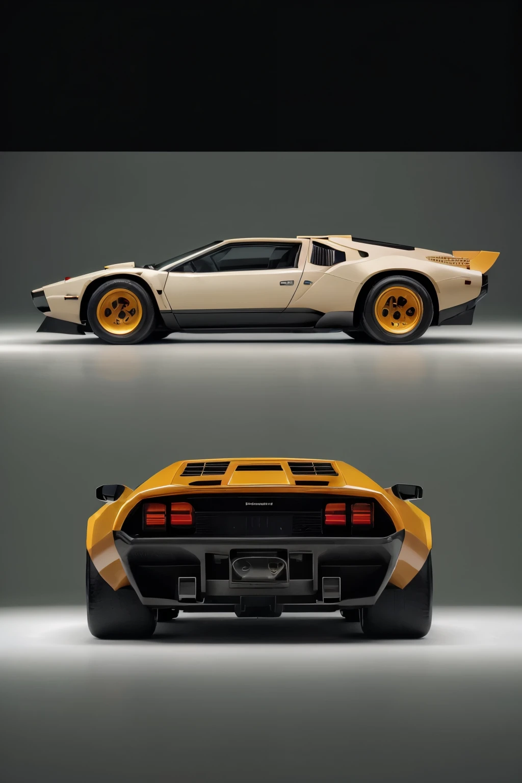 Sideview of a fusion of Lamborghini Countach and DeLorean, ((stylized fusion)), ((retro-futuristic design)), ((voltura roja y plateados)), Lamborghini Countach's iconic wedge shape and distinctive scissor doors, DeLorean's sleek stainless steel body and gull-wing doors, ((luz reflejada del sol)), ((pantone verde metallizado)), ((detalles tecnológicos modernos)), Sideview perspective, high contrast, high dynamic range, deep shadows, bright highlights, (fusion of two legendary cars), sleek and sculpted, (("Back to the Future" inspired