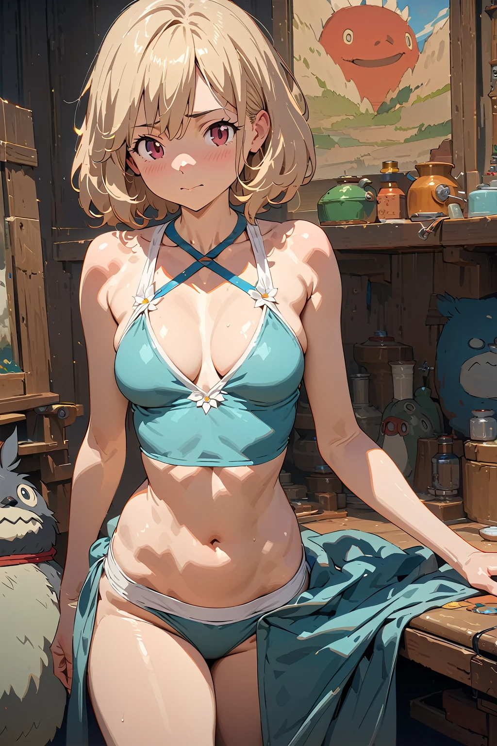 (masterpiece, best quality:1.5), (ultra detailed, high resolution, 8k, beautiful detailed, UHD, best anatomy), Beige hair, medium breasts, 1 cute girl, (Studio Ghibli Style Character:2), bare navel