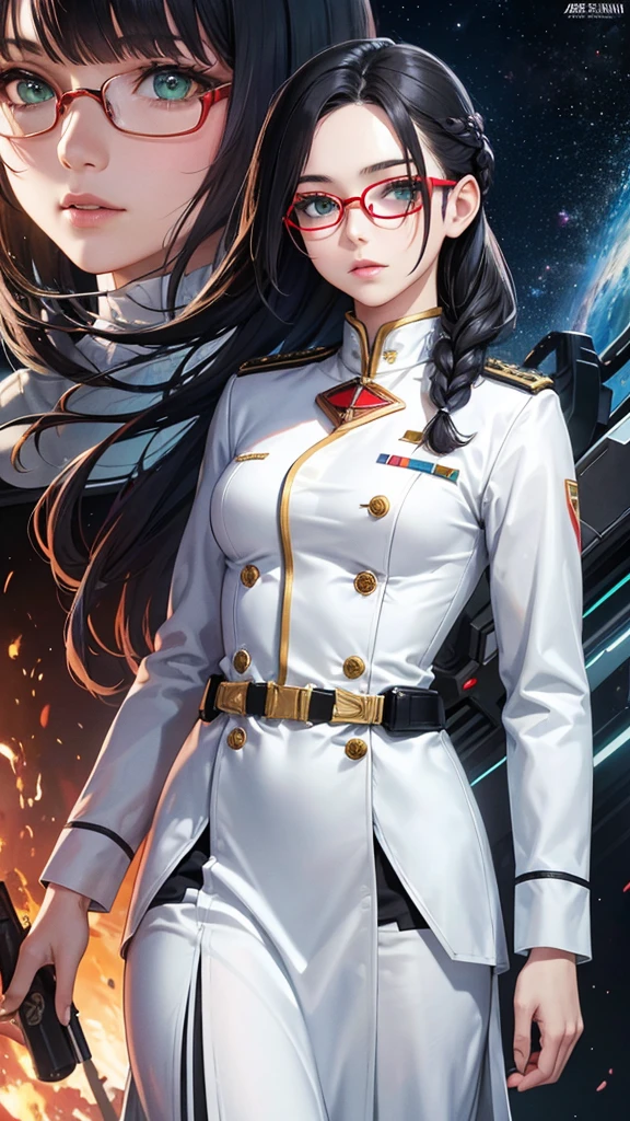 (highest resolution),(beautiful picture),sci-fi movie poster,(สไตล์ภาพscience fiction),(best quality),(Masterpiece),(Maximum face detail),((semi-realistic)), Maximum face resolution,22 years old, woman,,Slim, good figure,east asian people,small breasts, black hair,(Bangs) double braid hairstyle, smooth, green eyes,red glasses,(high class military uniform),long skirt,white coat,future,science fiction