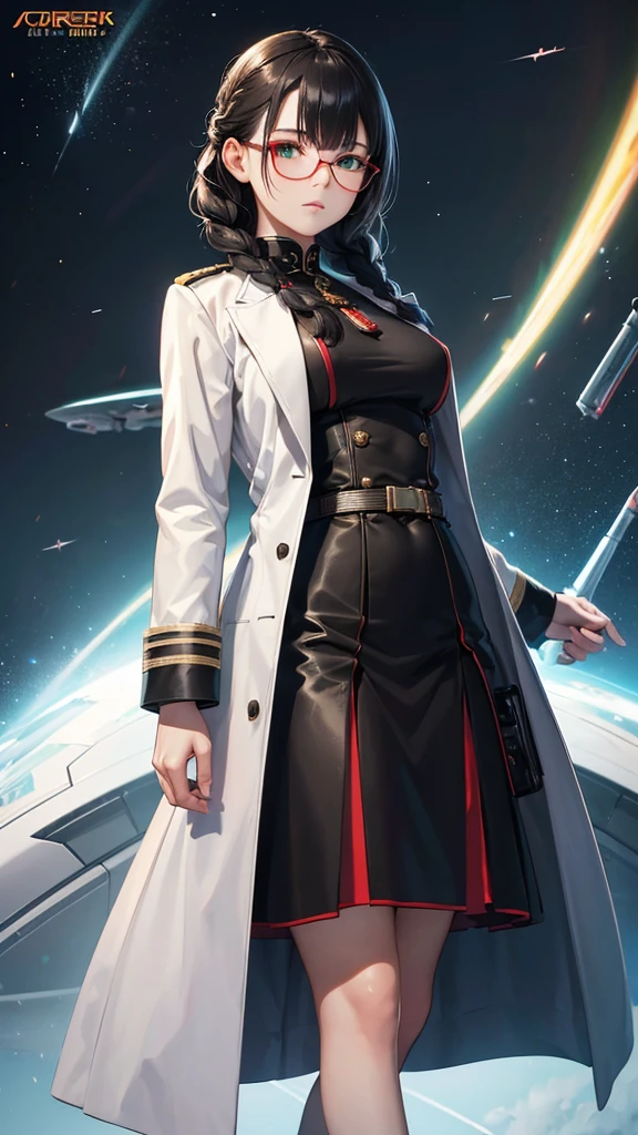 (highest resolution),(beautiful picture),sci-fi movie poster,(สไตล์ภาพscience fiction),(best quality),(Masterpiece),(Maximum face detail),((semi-realistic)), Maximum face resolution,22 years old, woman,,Slim, good figure,east asian people,small breasts, black hair,(Bangs) double braid hairstyle, smooth, green eyes,red glasses,(high class military uniform),long skirt,white coat,future,science fiction 