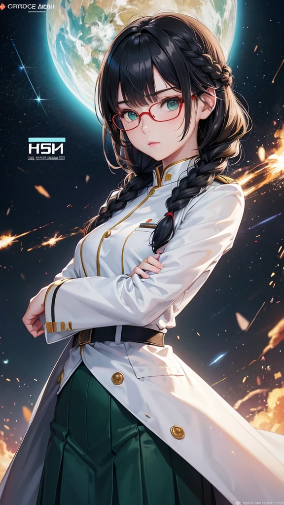 (highest resolution),(beautiful picture),sci-fi movie poster,(สไตล์ภาพscience fiction),(best quality),(Masterpiece),(Maximum face detail),((semi-realistic)), Maximum face resolution,22 years old, woman,,Slim, good figure,east asian people,small breasts, black hair,(Bangs) double braid hairstyle, smooth, green eyes,red glasses,(high class military uniform),long skirt,white coat,future,science fiction 