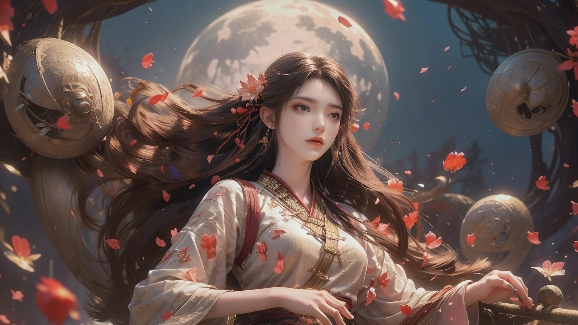 A beautiful woman with perfect curves wearing a long dress that gently flutters in the air,The beautiful woman was lie down in a sea of beautiful flowers surrounding her, Chinese traditional, her flexible body increasing with every movement, So enchanting, the dim candlelight, the glowing butterflies fighting the darkness of the night, the light of the moon, The night wind blowing the curtains, the pink flower petals , flower petals flying around the room, Chinese dancing, This woman is so beautiful that she attracts everyone who watches her, ancient China, imperial empress