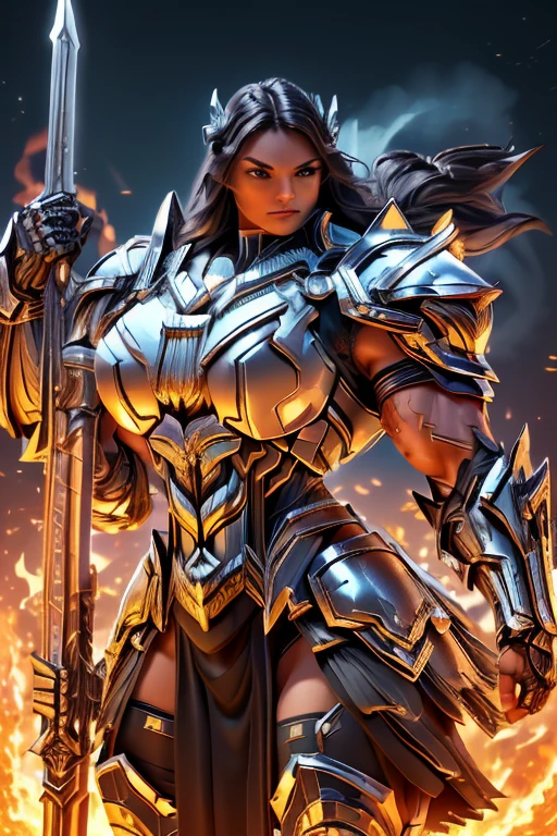 (((Massive, tall, beautiful, buff, muscular brown skinned female Valkyrie with black hair, ginormous bulky muscles, holding a fire sword and wearing an all black gleaming Valkyrie armor and pleated skirt))), ((close-up)), black eyeliner, massive muscles, massive biceps, hyper muscle triceps, (long straight hair), orange eyes, valkyrie boots, In heaven, steel Valkyrie armor, armor breastplate, nighttime, confident smile, (hyper muscles arms), hyper muscle legs, (ginormous arms)