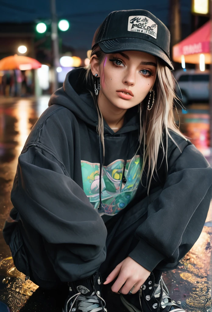 create a blank faded black washed hoodie, retro baggy, 90s, with a trucker hat on, beautiful female thin face, piercings on face, loose fit, baggy, pretty eyes, hoodie, skater night life in background, rain, sitting on ground legs crossed, hoodie jaw string tied in a knot, cargo pants