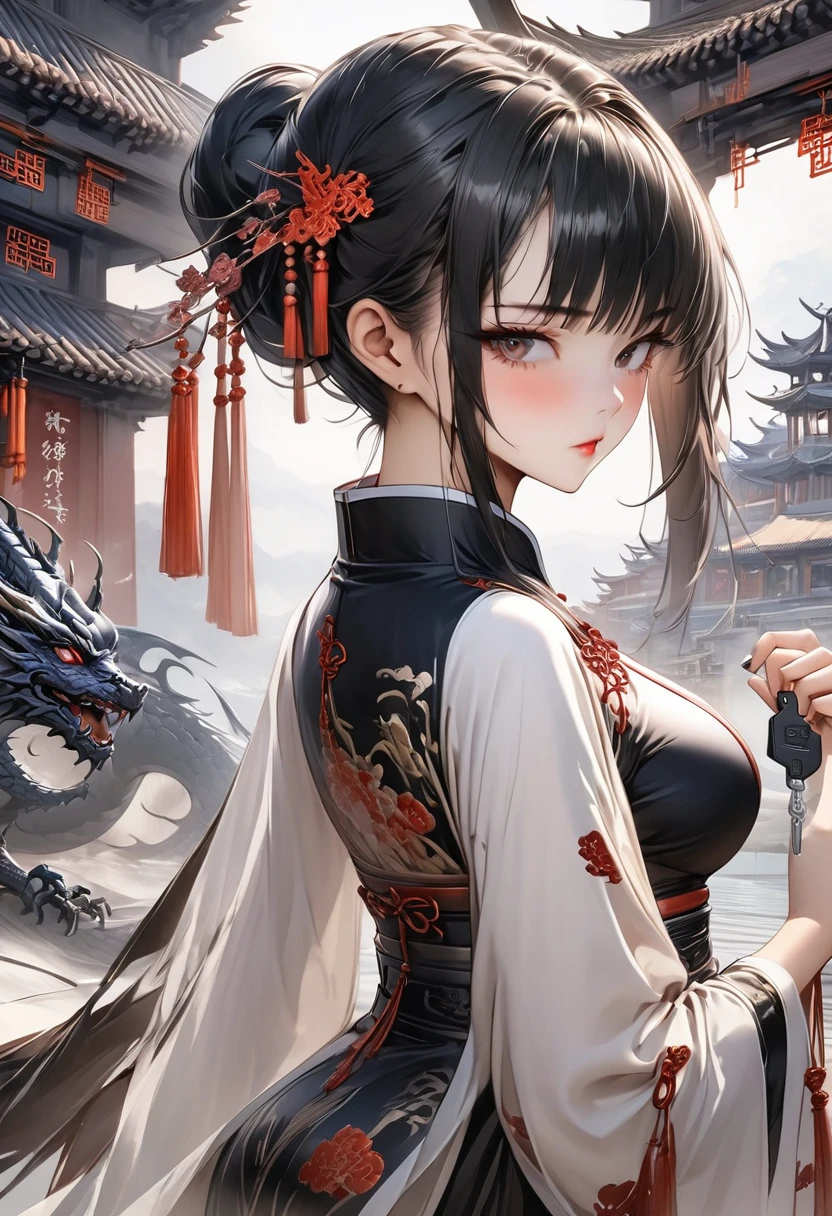 only the girl in the picture, white background, detailed CG unit, Masterpiece, high resolution, (((from side))), (((holding car key in hand))), (((Jwomen's chinese clothing))), ((1 girl)), (surreal, digital painting), photo from the waist up, (((chinese clothing includes red, white and black color))), girl looking at the camera, holding the car key in her hand, chinese cars theme, detailed CG unit, Masterpiece, high resolution, highest quality, the girl has black hair, chinese hairstyle, dragon elements on on clothes