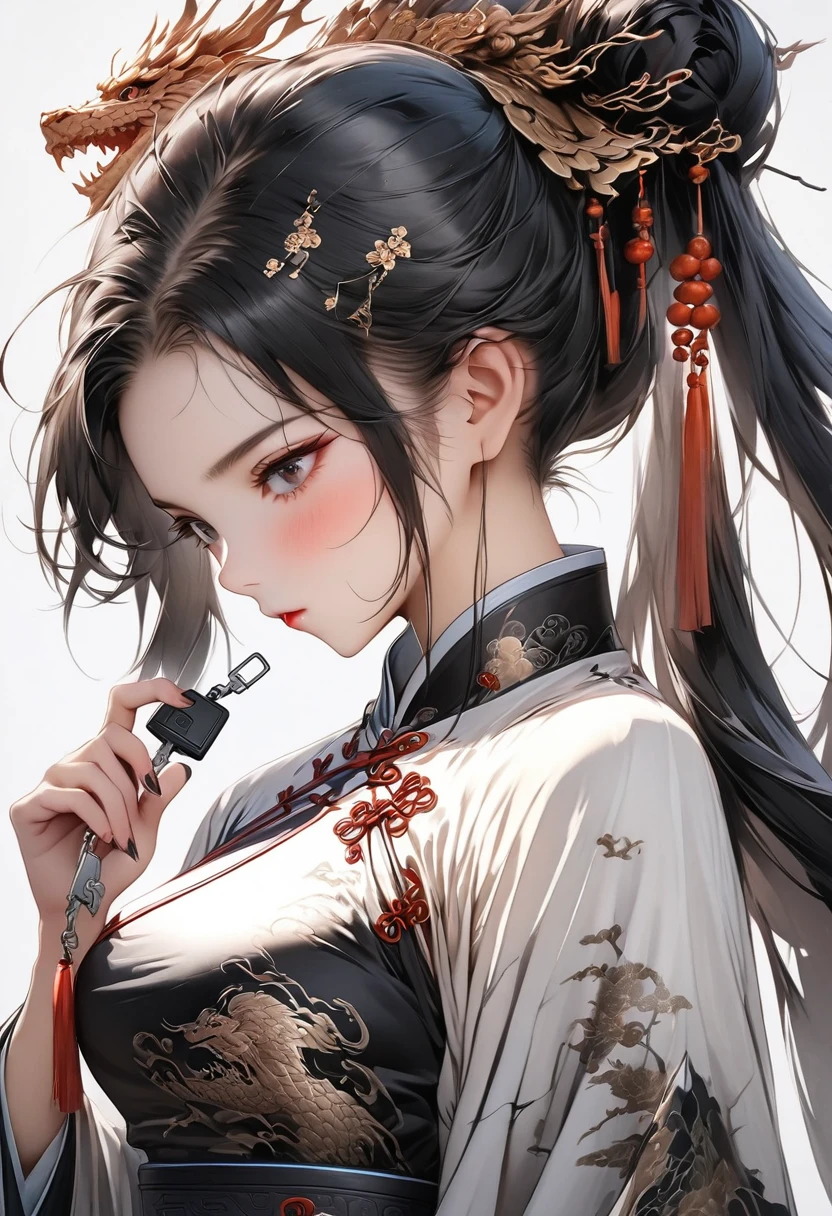 only the girl in the picture, white background, detailed CG unit, Masterpiece, high resolution, (((from side))), (((holding car key in hand))), (((Jwomen's chinese clothing))), ((1 girl)), (surreal, digital painting), photo from the waist up, (((chinese clothing includes red, white and black color))), girl looking at the camera, holding the car key in her hand, chinese cars theme, detailed CG unit, Masterpiece, high resolution, highest quality, the girl has black hair, chinese hairstyle, dragon elements on on clothes