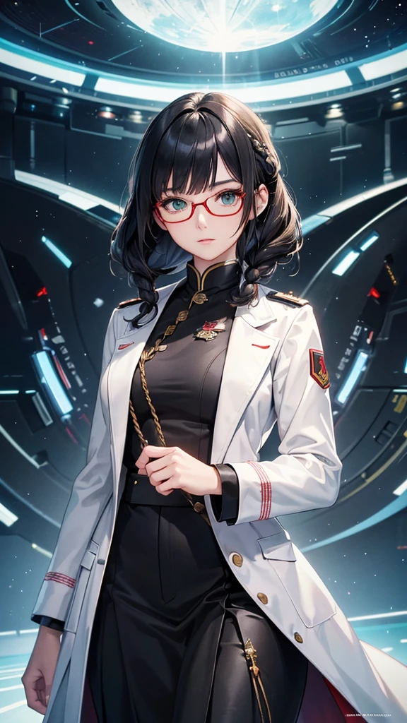(highest resolution),(beautiful picture),sci-fi movie poster,(สไตล์ภาพscience fiction),(best quality),(Masterpiece),(Maximum face detail),((semi-realistic)), Maximum face resolution,22 years old, woman,,Slim, good figure,east asian people,small breasts, black hair,(Bangs) double braid hairstyle, smooth, green eyes,red glasses,(high class military uniform),long skirt,white coat,future,science fiction 