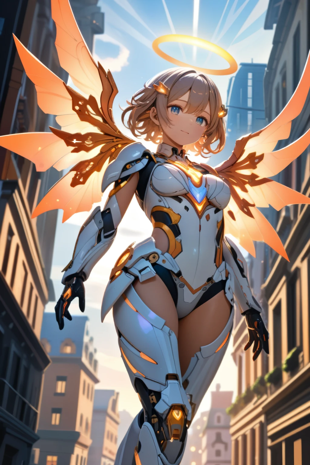 (best quality, masterpiece, colorful, dynamic angle, from below, highest detailed)upper body photo, full body photo, fashion photography of cute mechangel, glowing 4 wings, solo, glowing armor, glowing halo, building, glowing mechanical 4 wings (intricate details, hyperdetailed:1.15), detailed, light passing through hair, (official art, extreme detailed, highest detailed), HDR+