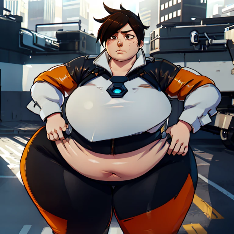 dark art, thick outlines, comics, Photorealistic, perfect hands, masterpiece:1.2, city, Blue sky, 1 fat girl, body plus size, SSBBW, One, wide hips, cute pose, tracer, Brown hair, brown bomber jacket, chest harness, white bracers, orange body plus suit, orange leggings, short hair, Brown eyes, , detailed background, detailed face, detailed eyes,