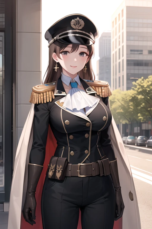 masterpiece, best quality, highres, aanitta, long hair, (black peaked cap), earrings, big breasts, muscular body, military uniform, (long coat), epaulettes, badges, (black shirt:1.2), ascot, black sleeves, long sleeves, (black pants), utility belt, (belt pouches), cargo pants, (gloves), cowboy shot, standing, light smile, closed mouth, facing the viewer, looking at the viewer, outdoors, office building