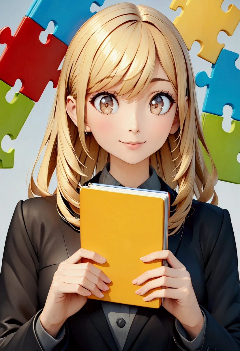 Pixar style 3D poster. light-skinned, happy woman, very straight dark blonde HAIR, light brown eyes, black blazer, black jeans, gray shirt, white sneakers, notebook in hand, BACKGROUND WITH RED, blue, green and yellow PUZZLES.