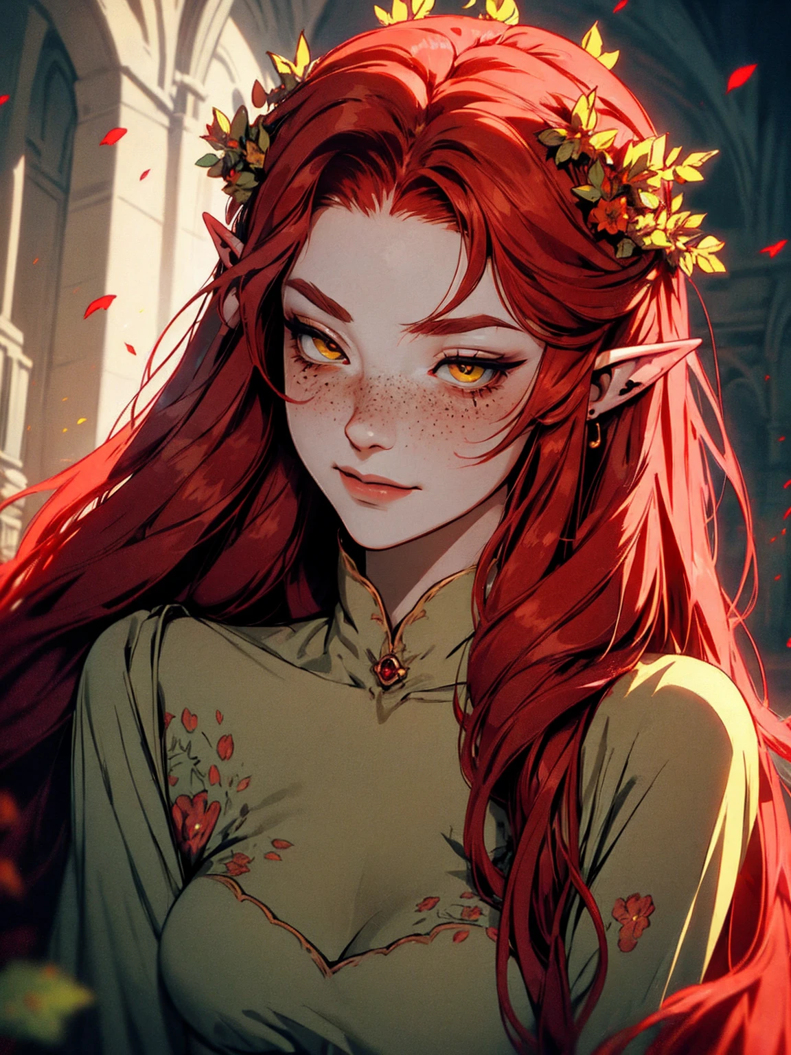 hyper-realistic of a mysterious woman with flowing red hair, ears of elf, freckles, piercing yellow eyes, and a delicate floral crown, delicate smile, upper body