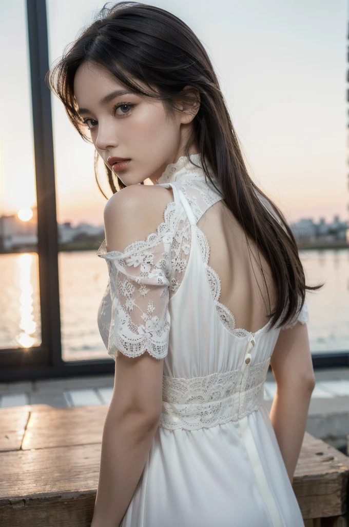 (RAW, best quality:1.3, masterpiece:1.3), (realistic, photo realistic:1.2),ultra high res, UHD, 8k, absurdres, (realistic skin, Detailed shiny skin), (best shadow), (normal physical expression, perfect anatomy:1.7), (cinematic lighting), Moist eyes, Moist lips,
break
(1girl, solo), medium breasts ,long hair, silver hair, blue eyes,(High neck lace shoulder mesh dress),middle ages,France,sunset ,living ,
looking at viewer,wide shot ,from behind,