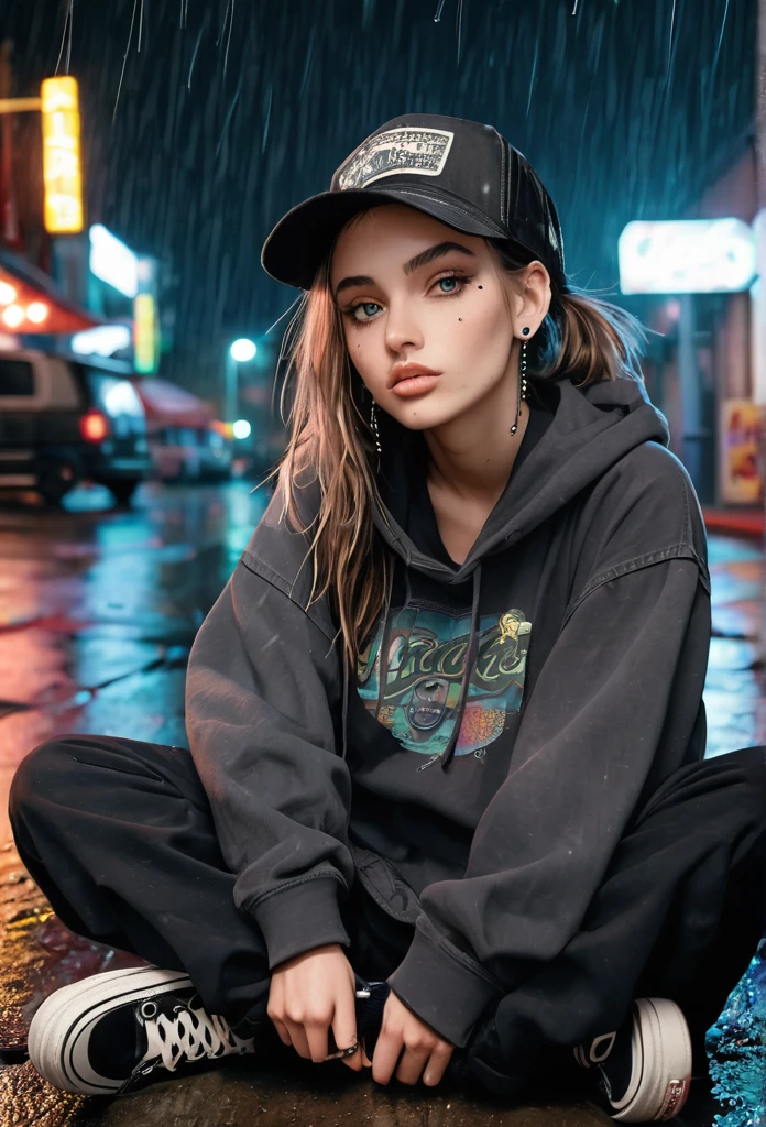 create a blank faded black washed hoodie, retro baggy, 90s, with a trucker hat on, beautiful female thin face, piercings on face, loose fit, baggy, pretty eyes, hoodie, skater night life in background, rain, sitting on ground legs crossed, hoodie jaw string tied in a knot, cargo pants