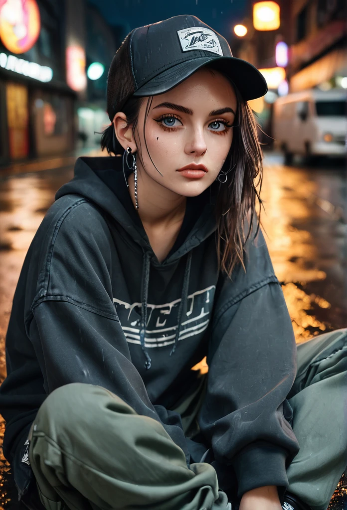 create a blank faded black washed hoodie, retro baggy, 90s, with a trucker hat on, beautiful female thin face, piercings on face, loose fit, baggy, pretty eyes, hoodie, skater night life in background, rain, sitting on ground legs crossed, hoodie jaw string tied in a knot, cargo pants