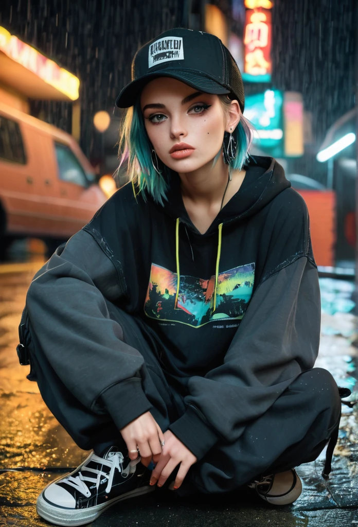 create a blank faded black washed hoodie, retro baggy, 90s, with a trucker hat on, beautiful female thin face, piercings on face, loose fit, baggy, pretty eyes, hoodie, skater night life in background, rain, sitting on ground legs crossed, hoodie jaw string tied in a knot, cargo pants