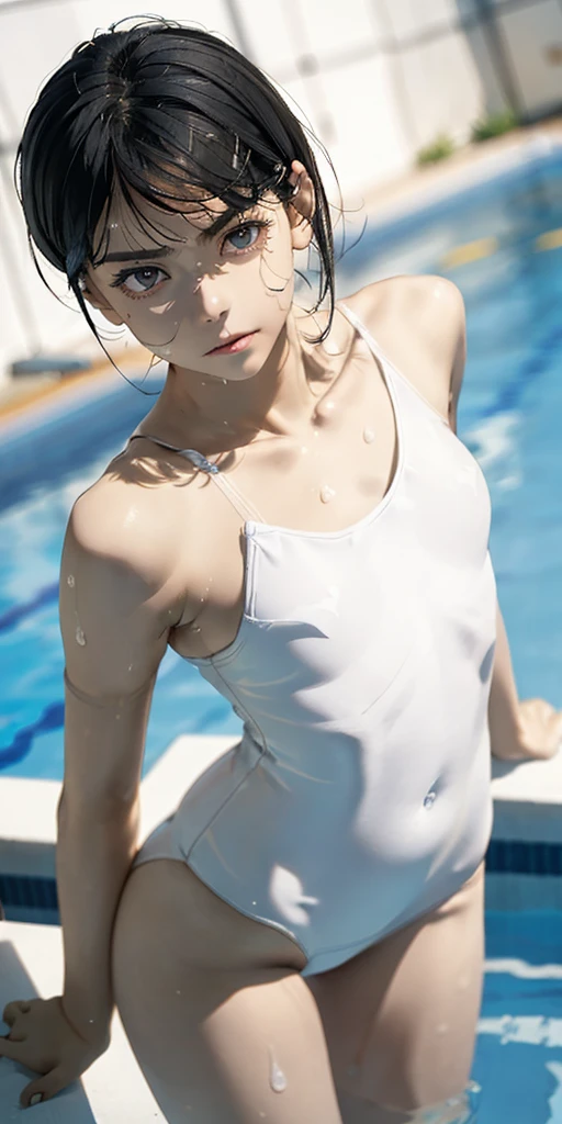 ((((Close-up angle from above))))13-year-old girl, solo,(((Small breasts: 1.6))), ((((Embarrassing,))))((((Wearing a white swimsuit、))))((((Various poses、))))A sexy masterpiece with wet hair, Highest quality, Realistic, Ultra-detailed, (Glowing Skin, sweating: 1.4), View your viewers,((((very short hair with black hair)))))thin, Dynamic light and shadow, High resolution, Sharp focus, Depth of written boundary, Embarrassing, Sharp pupils, Realistic生徒, (Thigh Thickness: 1.0), Indoor swimming pool