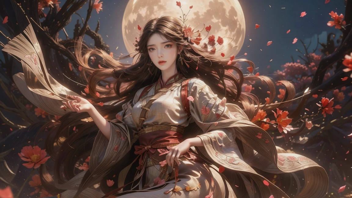 A beautiful woman with perfect curves wearing a long dress that gently flutters in the air,The beautiful woman was lie down in a sea of beautiful flowers surrounding her, Chinese traditional, her flexible body increasing with every movement, So enchanting, the dim candlelight, the glowing butterflies fighting the darkness of the night, the light of the moon, The night wind blowing the curtains, the pink flower petals , flower petals flying around the room, Chinese dancing, This woman is so beautiful that she attracts everyone who watches her, ancient China, imperial empress