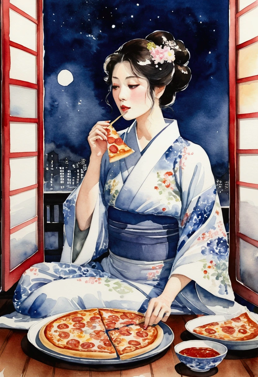Taisho Romance Watercolor kimono kimono A very beautiful Japanese woman munches on pizza Quiet shrine at night Highest quality Moonlit Night