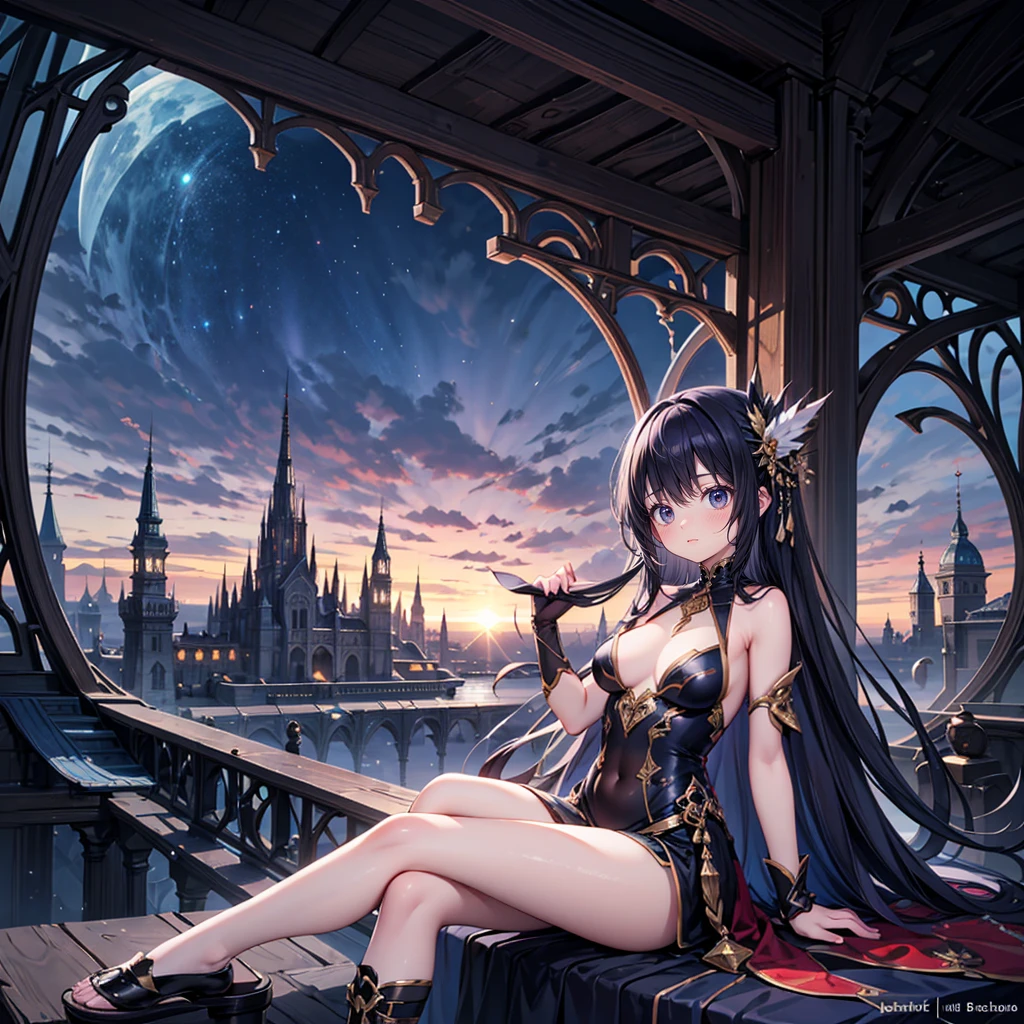 solo, 1 beautiful girl wearing fantasy clothes, sitting pose, stunning beautyfull fantasy world background, panorama view