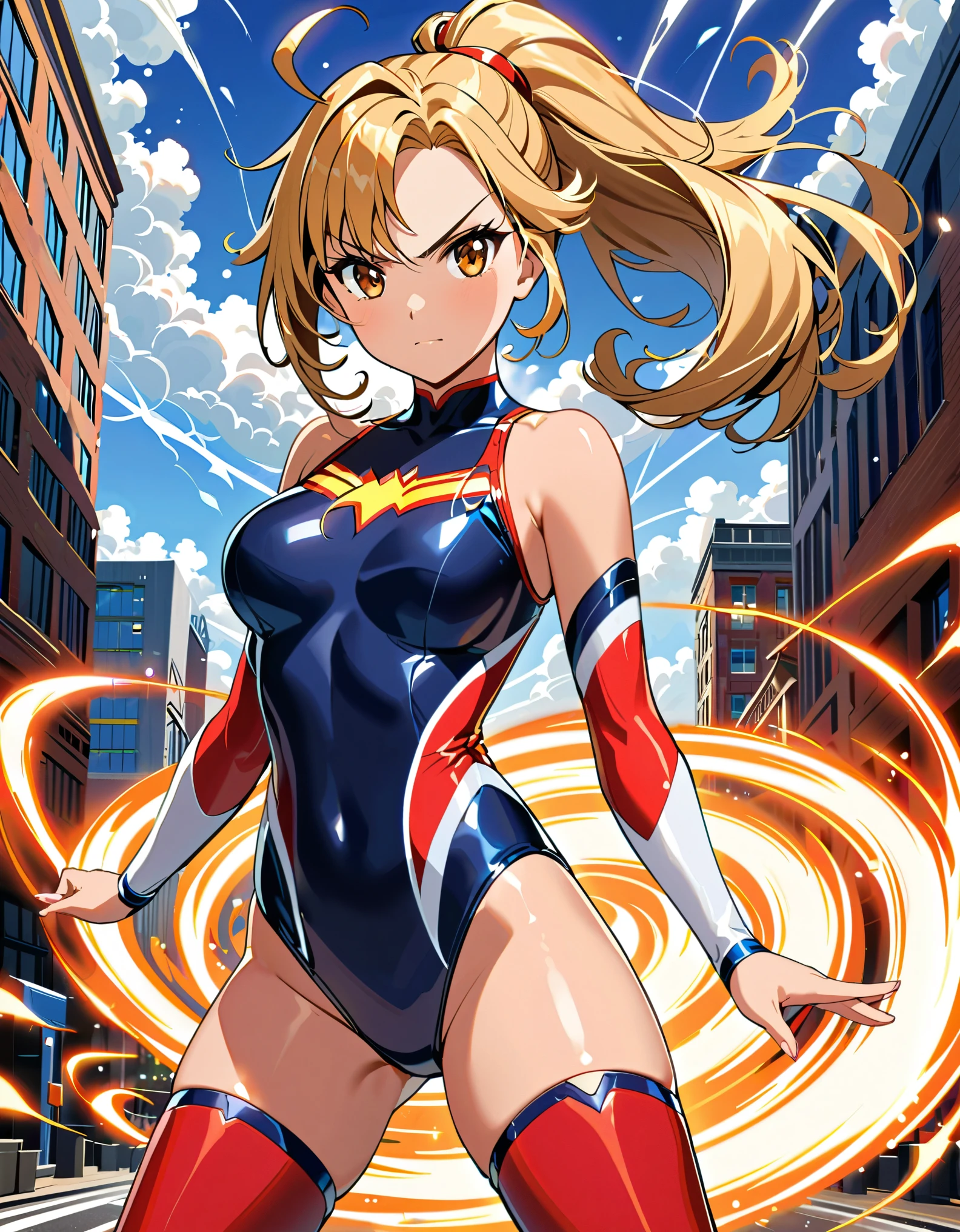 (masterpiece), (best quality), (high res), highly detailed, professional, 1girl, solo, solo focus, wonder, superhero, anime style, serious, v-shaped eyebrows, perfect hands, complete fingers, (white elastic sleeves, leotard, navy leotard, competition swimsuit), blonde hair, ahoge, medium breasts, brown eyes, beautiful detailed eyes, cute eyes, cute face, light particles, long hair, looking at viewer, medium breasts, outdoors, (ponytail), (red boots, thighhighs), hand on hip, cowboy shot, city backdrop. (T-pose, legs together). (spins fast in place like a tornado, whirls fast in place like a tornado, tornado whirling, spiral lines around her, spinning energy pulse around her, storm winds around her, whirls into a tornado, (she whirls) in (super speeds)). full body costume design. she super-spins.