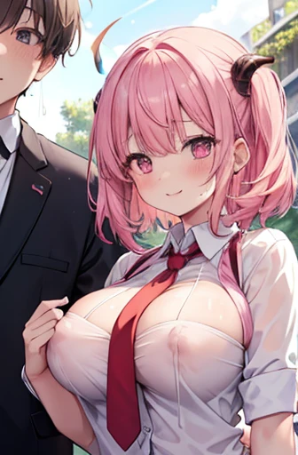 One girl and one boy, Couple, got it, horn, (Hello), Pink Hair, (Grab the breast), Grab your chest, bangs, blush, Embarrassing, Mischievous Smile, Cleavage, Puffy nipples, Wet, Sweat, White shirt, Red tie, Outdoor