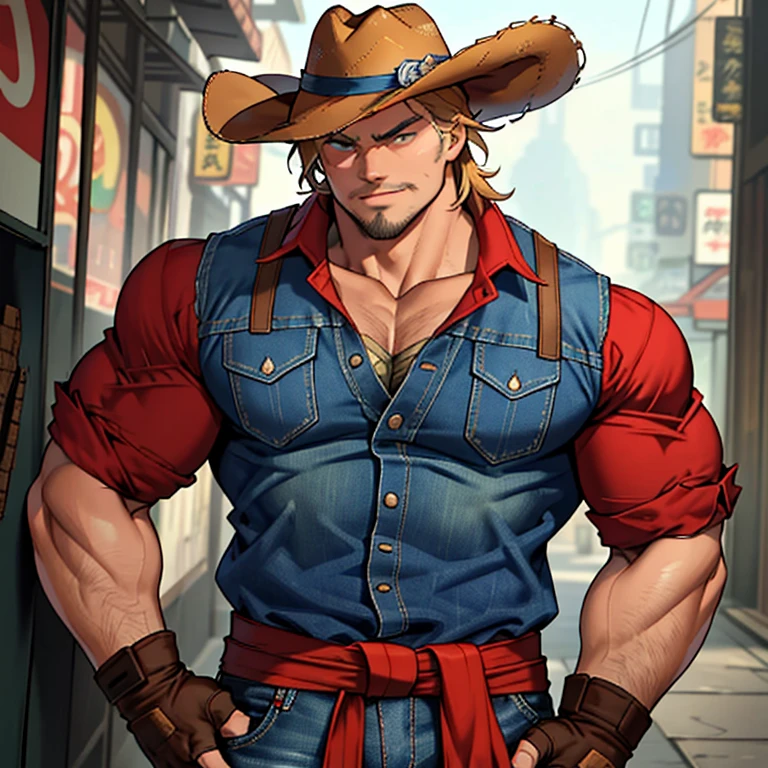 (Masterpiece, Best Quality: 1.2), Leonardo DiCaprio as Ken Masters, cowboy-inspired setting, solo shot, male focus, 1 boy character, muscular build with defined abs and biceps, wearing a red dougi tied around his waist, distressed denim cowboy pants, and fingerless gloves. The character has a charming smile, arms crossed, and a confident, matured demeanor. The details include stubble on his face, a cowboy hat resting on his shoulder, and a hint of a classic Ken Masters' goatee. The face is ultra-detailed with hyperdetailed eyes and a fine line of wrinkles around the corners of his