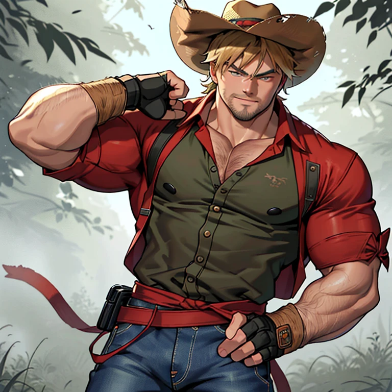(Masterpiece, Best Quality: 1.2), Leonardo DiCaprio as Ken Masters, cowboy-inspired setting, solo shot, male focus, 1 boy character, muscular build with defined abs and biceps, wearing a red dougi tied around his waist, distressed denim cowboy pants, and fingerless gloves. The character has a charming smile, arms crossed, and a confident, matured demeanor. The details include stubble on his face, a cowboy hat resting on his shoulder, and a hint of a classic Ken Masters' goatee. The face is ultra-detailed with hyperdetailed eyes and a fine line of wrinkles around the corners of his