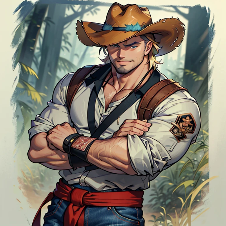 (Masterpiece, Best Quality: 1.2), Leonardo DiCaprio as Ken Masters, cowboy-inspired setting, solo shot, male focus, 1 boy character, muscular build with defined abs and biceps, wearing a red dougi tied around his waist, distressed denim cowboy pants, and fingerless gloves. The character has a charming smile, arms crossed, and a confident, matured demeanor. The details include stubble on his face, a cowboy hat resting on his shoulder, and a hint of a classic Ken Masters' goatee. The face is ultra-detailed with hyperdetailed eyes and a fine line of wrinkles around the corners of his