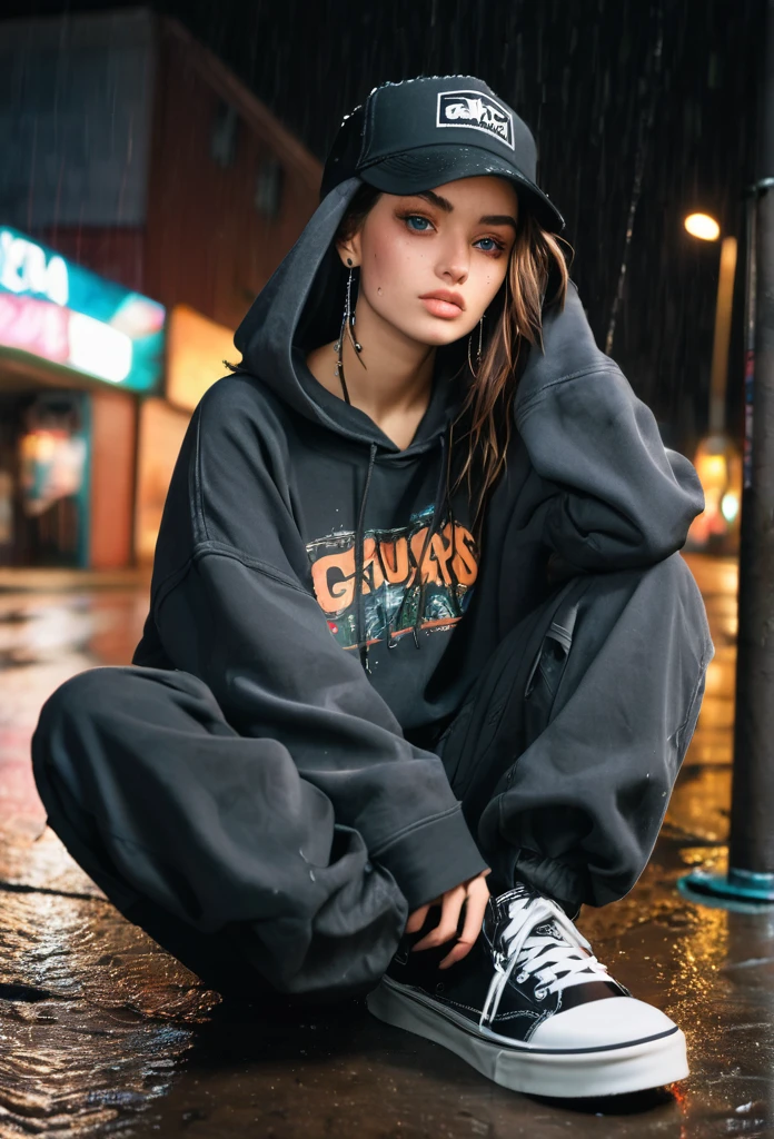 create a blank faded black washed hoodie, retro baggy, 90s, with a trucker hat on, beautiful female thin face, piercings on face, loose fit, baggy, pretty eyes, hoodie, skater night life in background, rain, sitting on ground legs crossed, hoodie jaw string tied in a knot, cargo pants