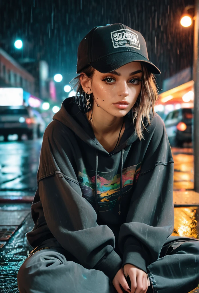 create a blank faded black washed hoodie, retro baggy, 90s, with a trucker hat on, beautiful female thin face, piercings on face, loose fit, baggy, pretty eyes, hoodie, skater night life in background, rain, sitting on ground legs crossed, hoodie jaw string tied in a knot, cargo pants