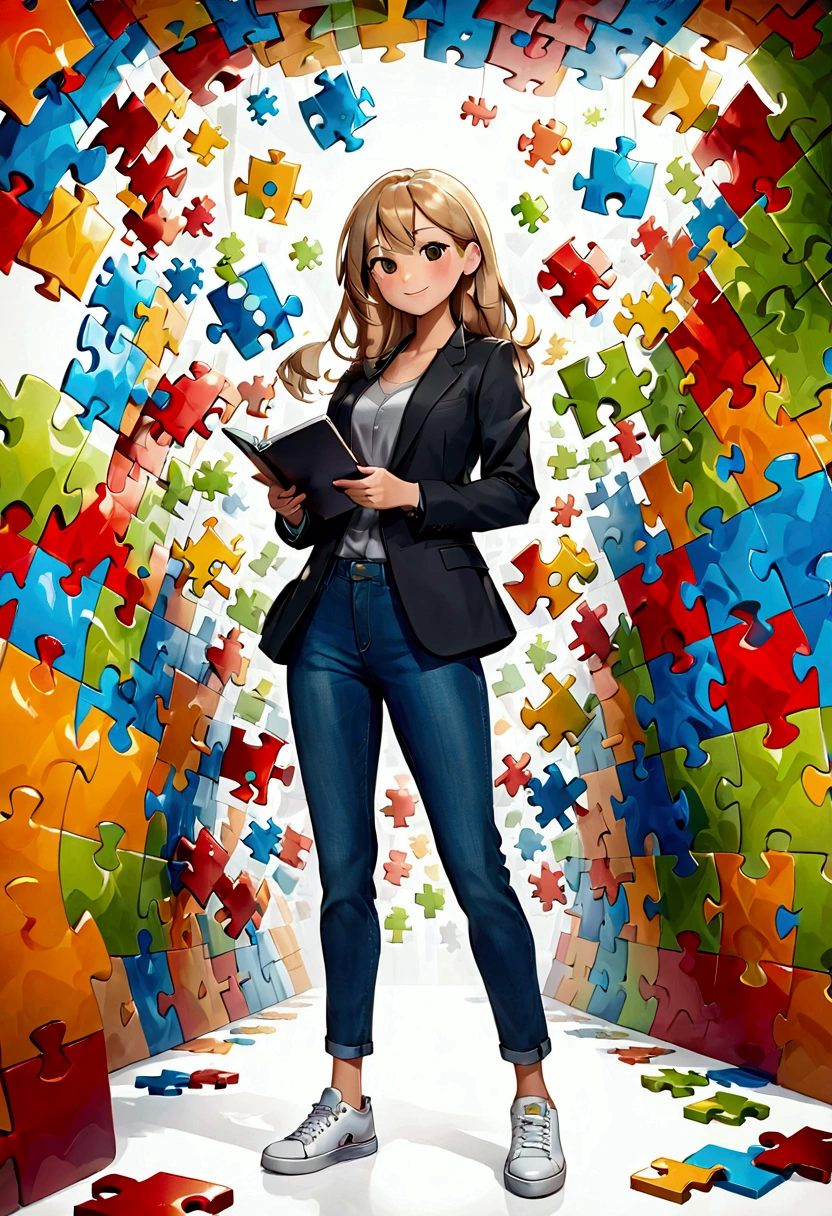 Pixar style 3D poster. light-skinned, happy woman, very straight dark blonde HAIR, light brown eyes, black blazer, black jeans, gray shirt, white sneakers, notebook in hand, BACKGROUND WITH RED, blue, green and yellow PUZZLES.