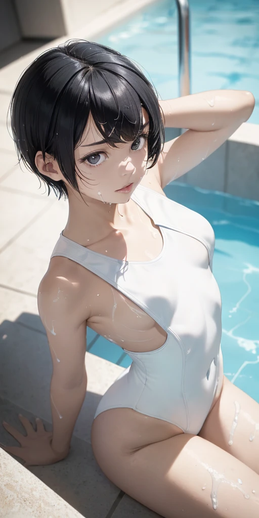 ((((Close-up angle from above))))-yeld gi solo,(((Small breasts: 1.6))), ((((Embarrassing,))))((((Wearing a white swimsuit、))))((((Various poses、))))A sexy masterpiece with wet hair, Highest quality, Realistic, Ultra-detailed, (Glowing Skin, sweating: 1.4), View your viewers,((((very short hair with black hair)))))thin, Dynamic light and shadow, High resolution, Sharp focus, Depth of written boundary, Embarrassing, Sharp pupils, Realistic生徒, (Thigh Thickness: 1.0), Indoor swimming pool